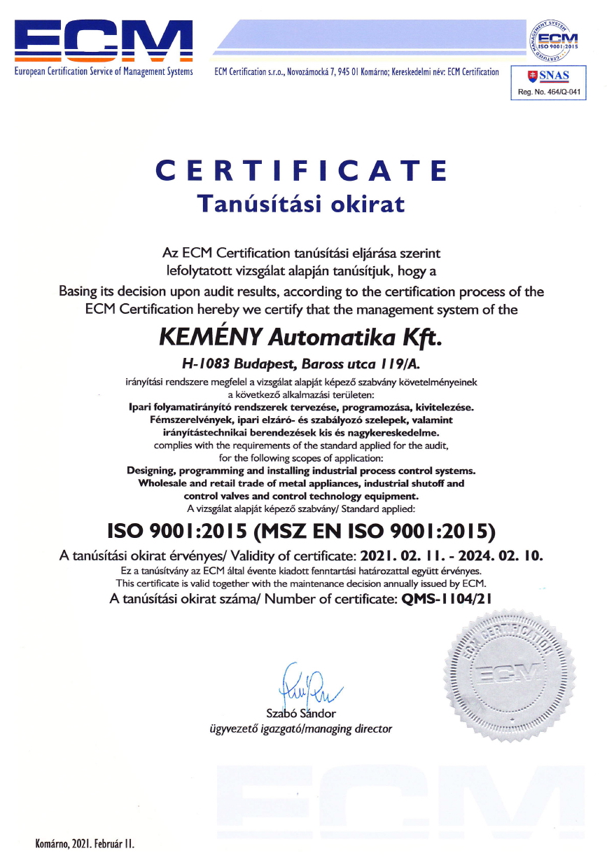 Certificate Kemény Automatika